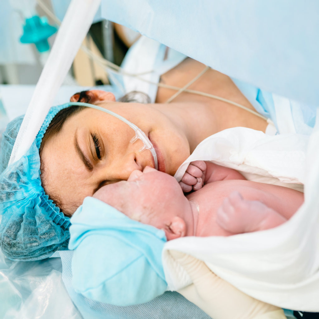 Mother and baby after C-section birth
